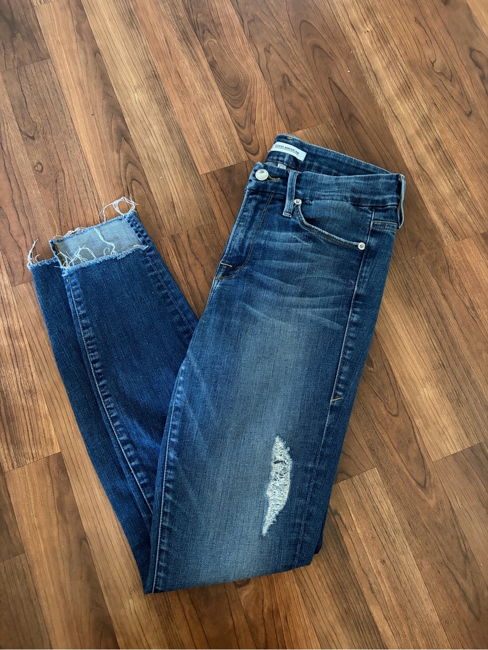 Good American Dark Blue Distressed Skinny Jeans